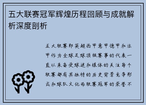 五大联赛冠军辉煌历程回顾与成就解析深度剖析