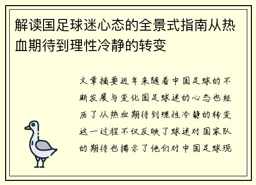 解读国足球迷心态的全景式指南从热血期待到理性冷静的转变