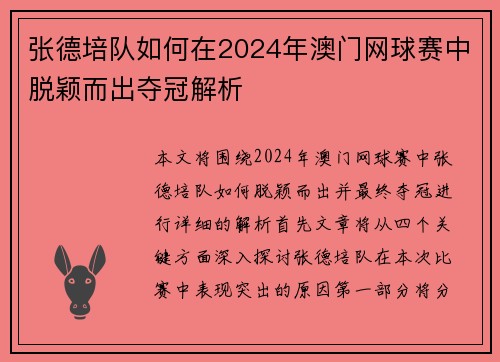 张德培队如何在2024年澳门网球赛中脱颖而出夺冠解析